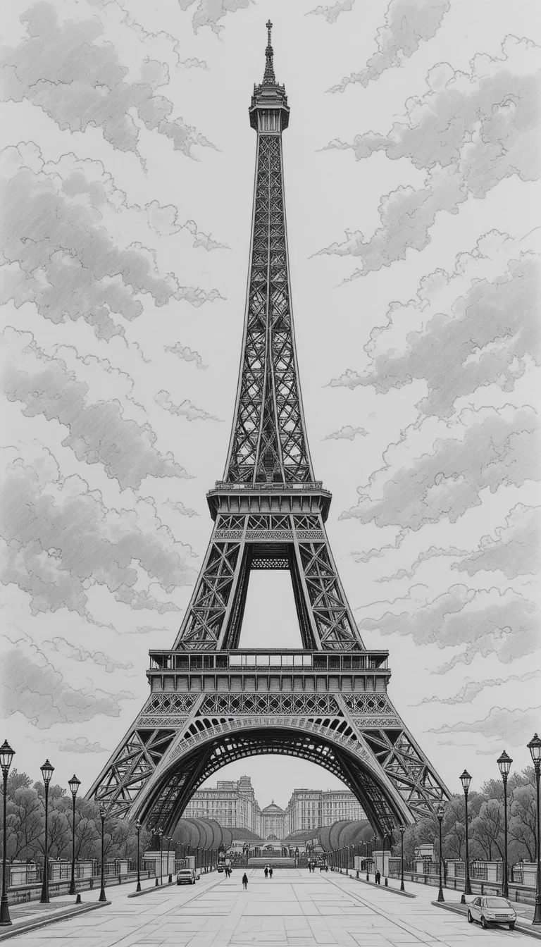Detailed pencil drawing of the Eiffel Tower over a cloudy cityscape