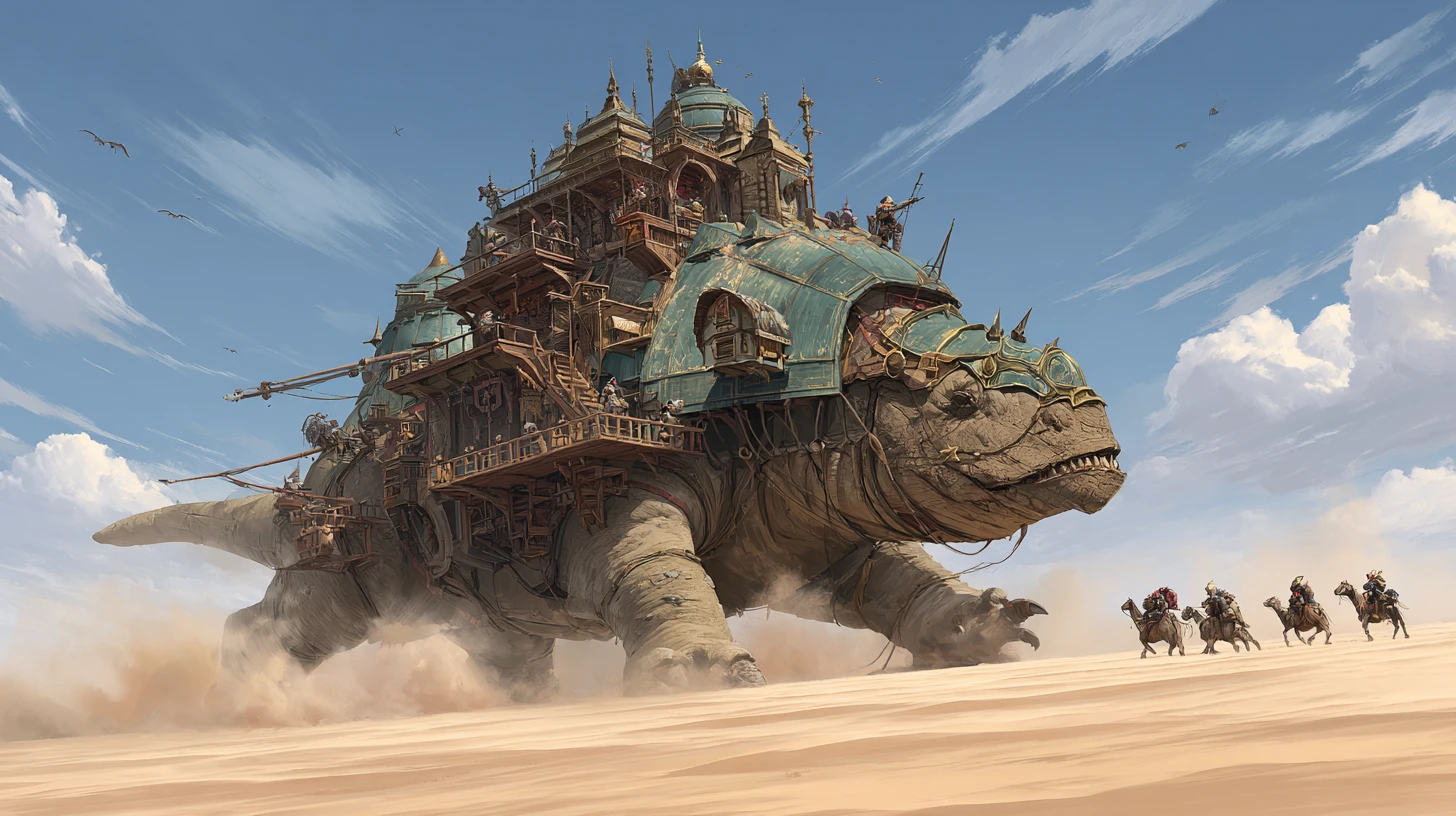 Nomadic caravan city on colossal beasts crossing alien dunes