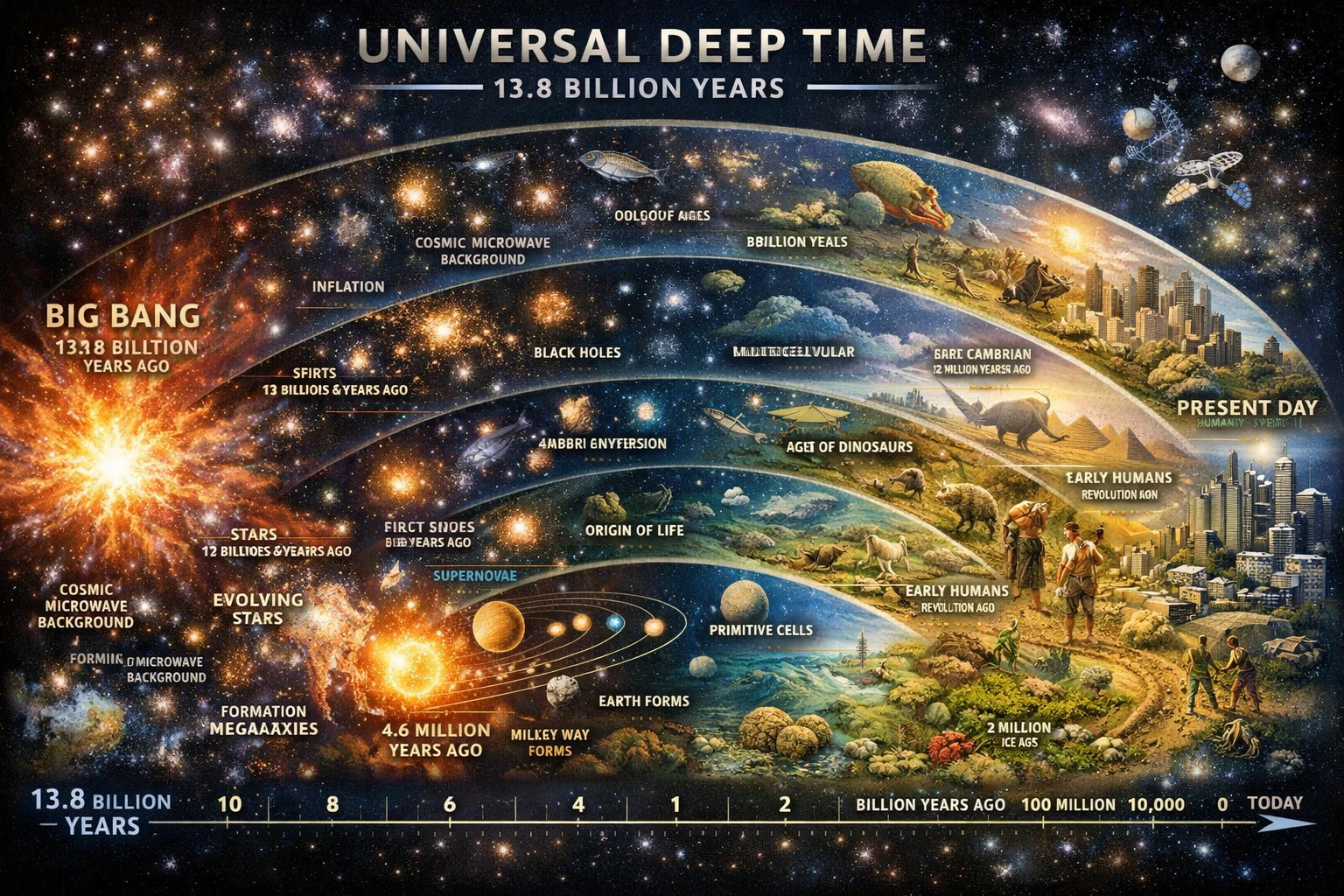Cosmic deep time timeline from universe origin to present