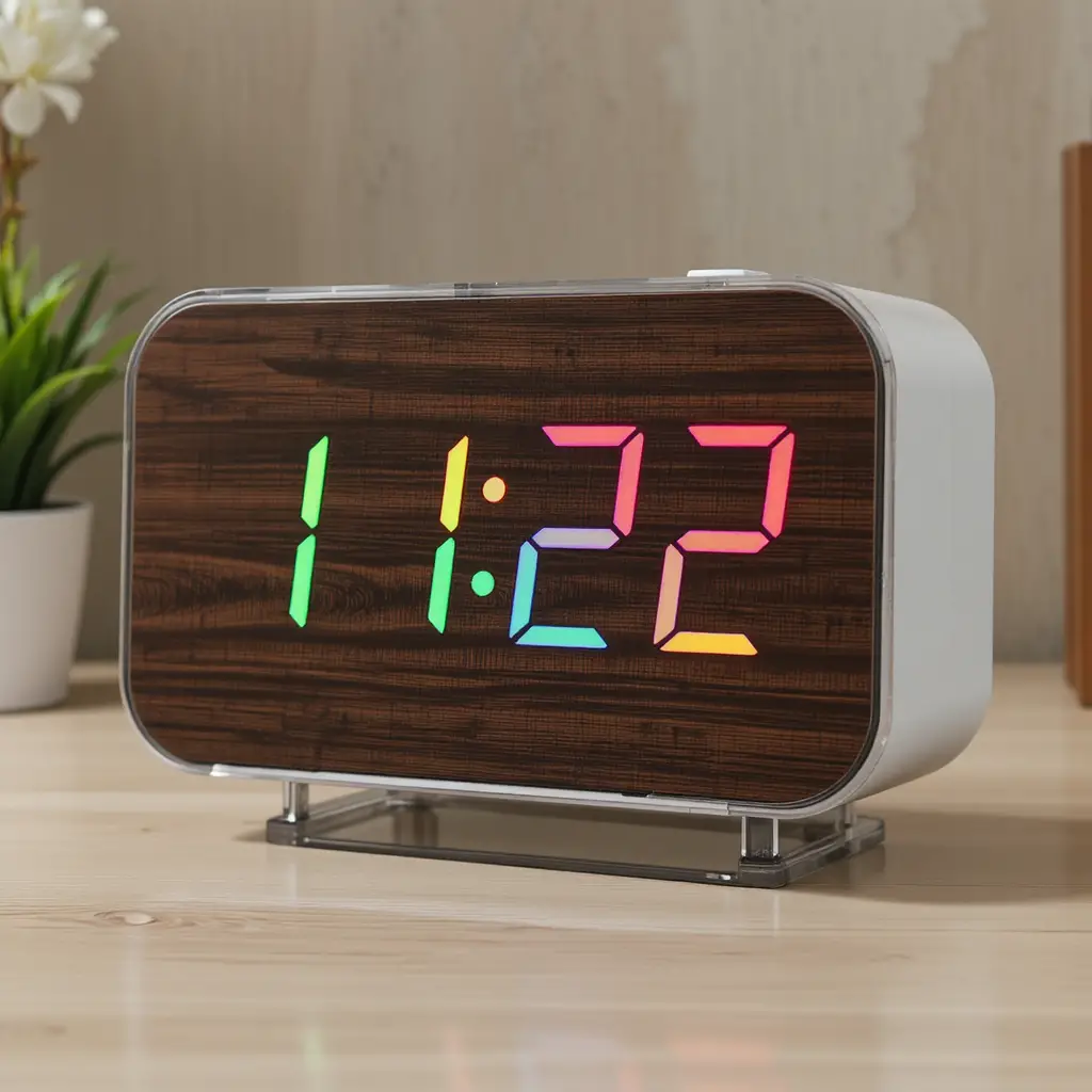 Relógio despertador digital curvo em madeira com visor LED RGB