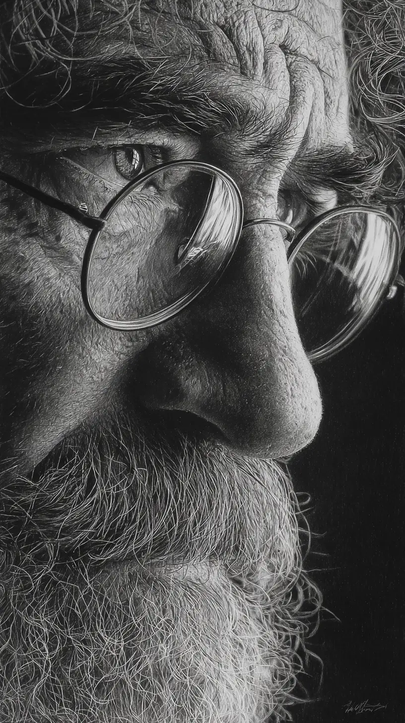 Detailed pencil portrait of an aging man in close up