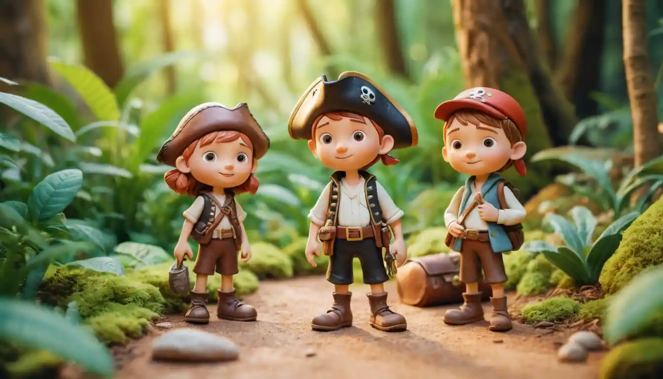 Joyful clay children on summer vacation in forest