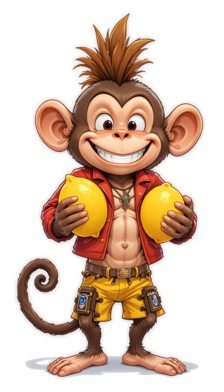 Playful monkey in red jacket holding bright yellow lemons