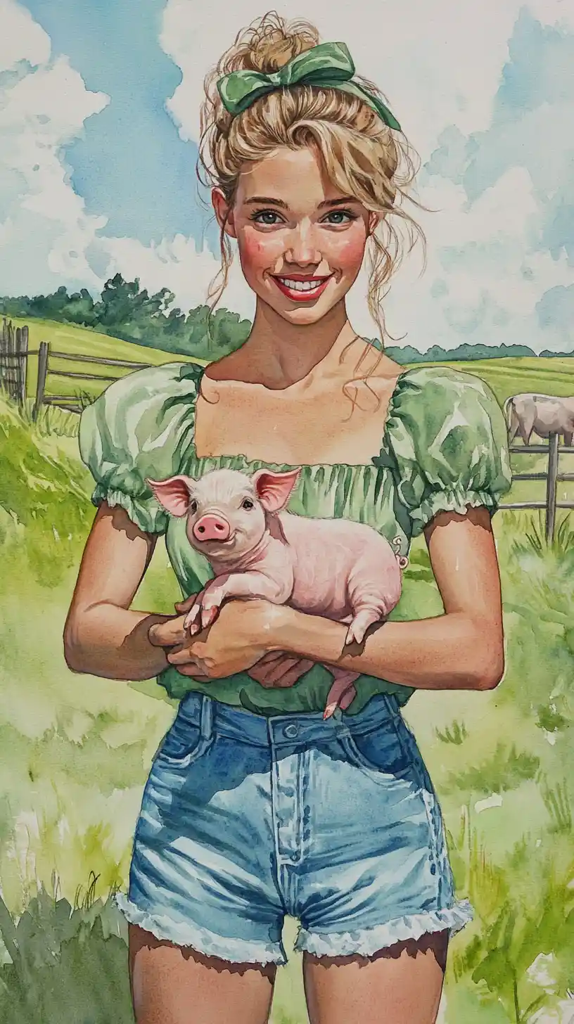 Smiling girl holding a piglet in a sunny country meadow