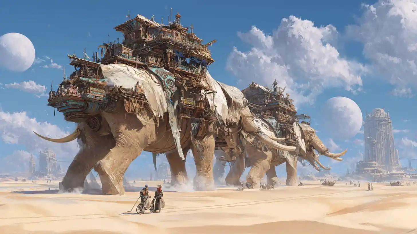 Nomadic caravan city traveling across an alien desert