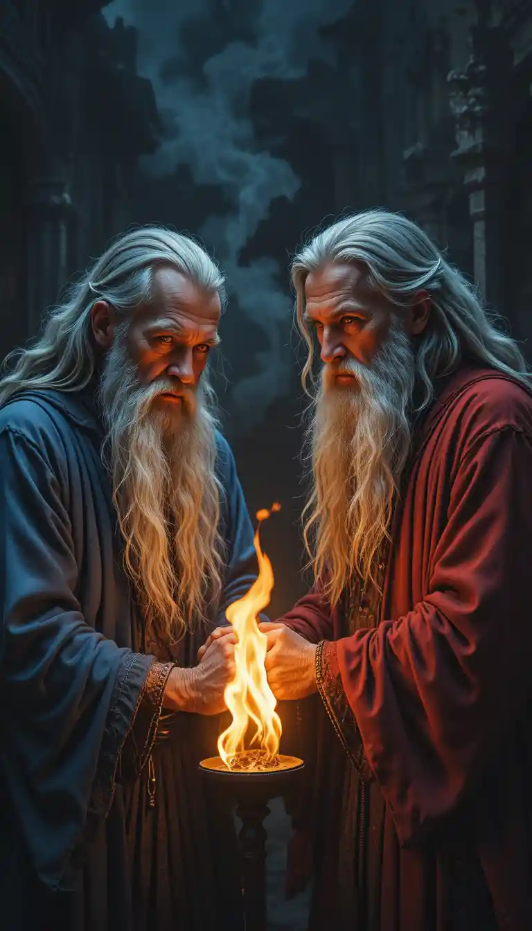 Two old men gripping hands by a blazing torch