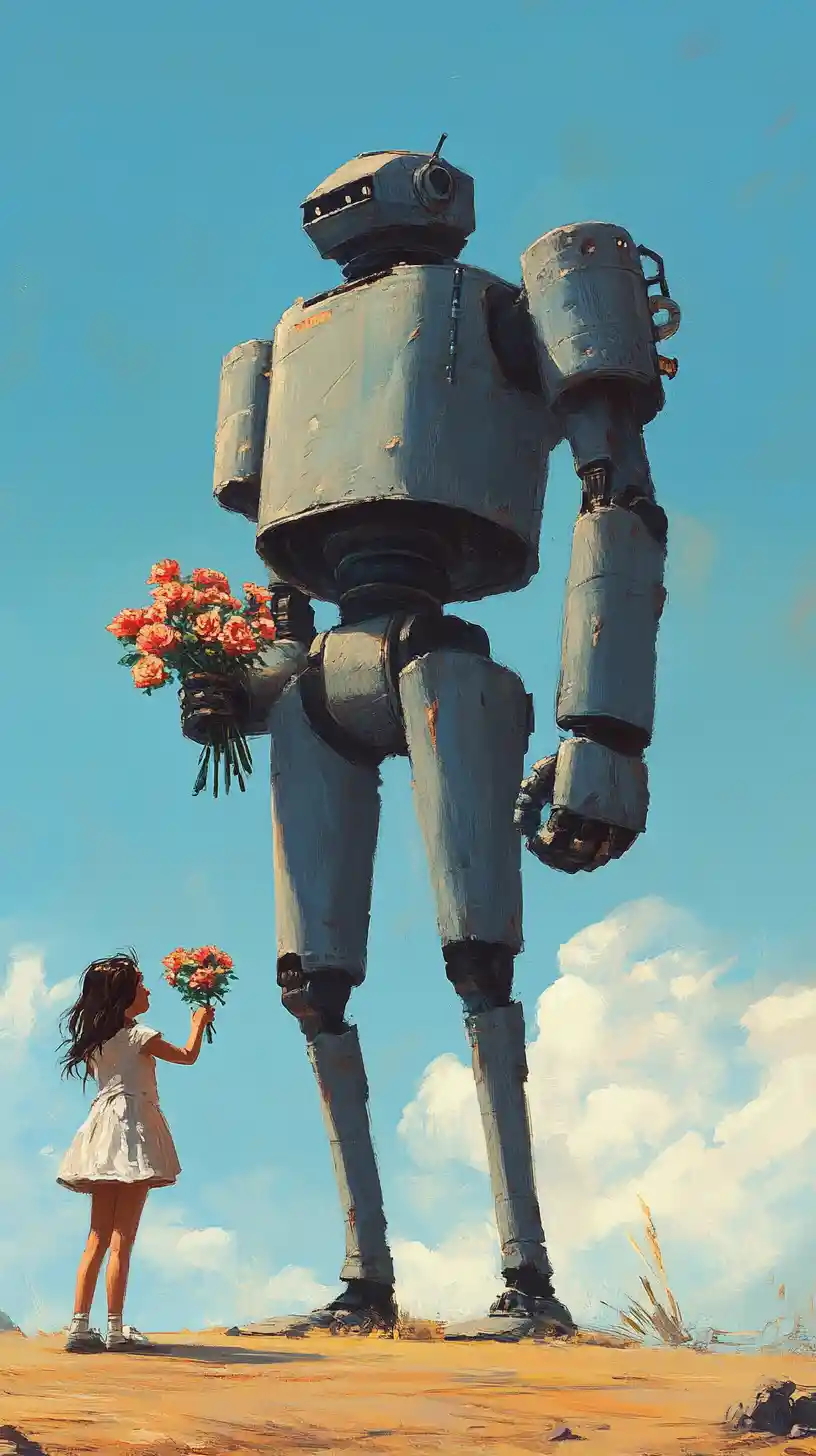 Giant robot and smiling girl sharing flowers under blue sky