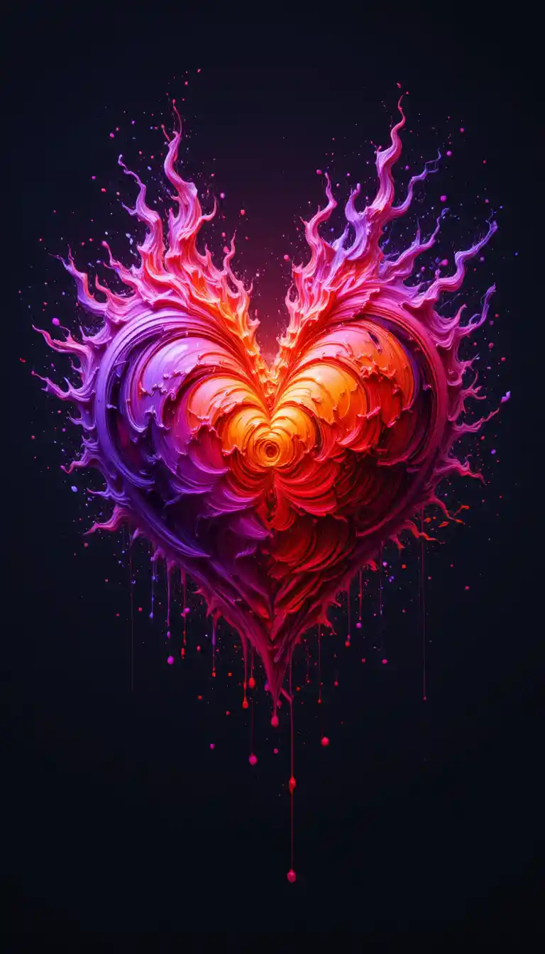 Fiery abstract heart made of swirling colorful paint