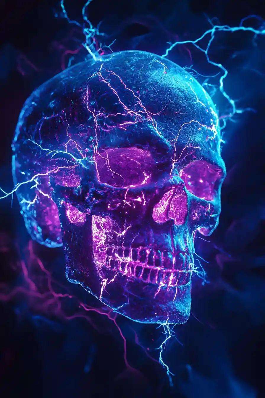Electric skull made of branching neon lightning currents