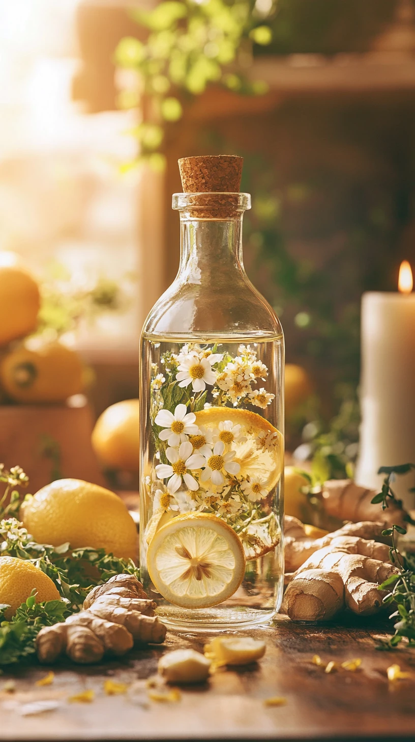 Botella de vidrio con agua de limón y flores sobre mesa rústica