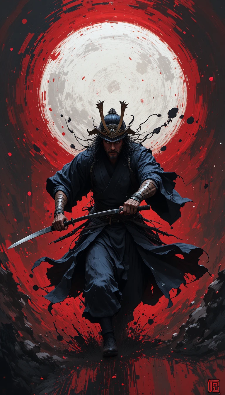 Samurai charging forward under a glowing abstract moon