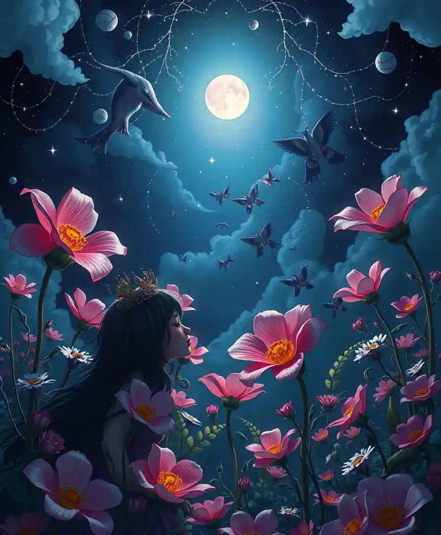 Fiori notturni fiabeschi che sbocciano sotto una luce mistica dall’alto