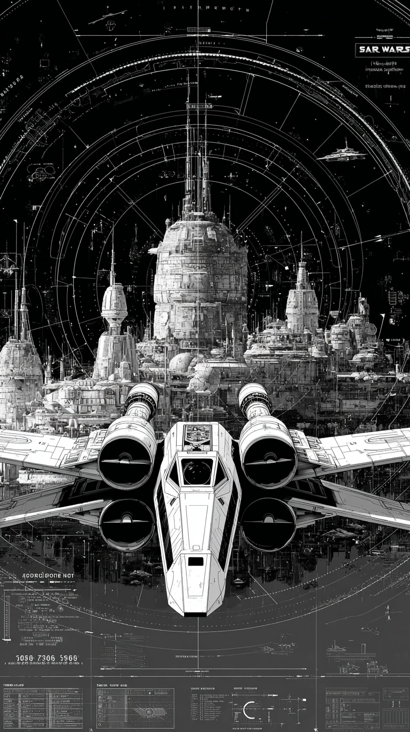 Minimalist black and white sci fi spacecraft poster design