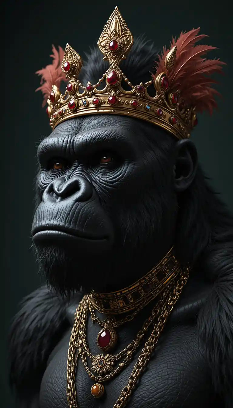 Ritratto di gorilla incoronato con gioielli d’oro su sfondo verde