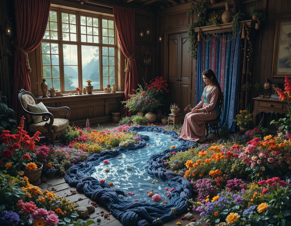 Mother weaving a rug beside a quiet riverside window