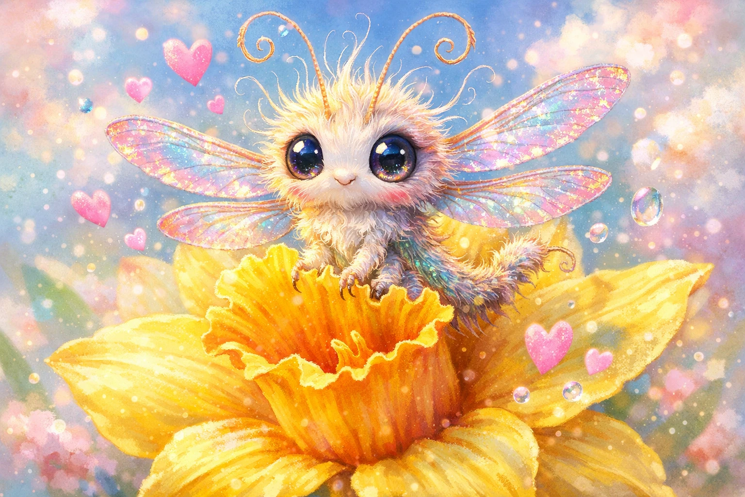 Cute baby dragonfly on a bright yellow daffodil