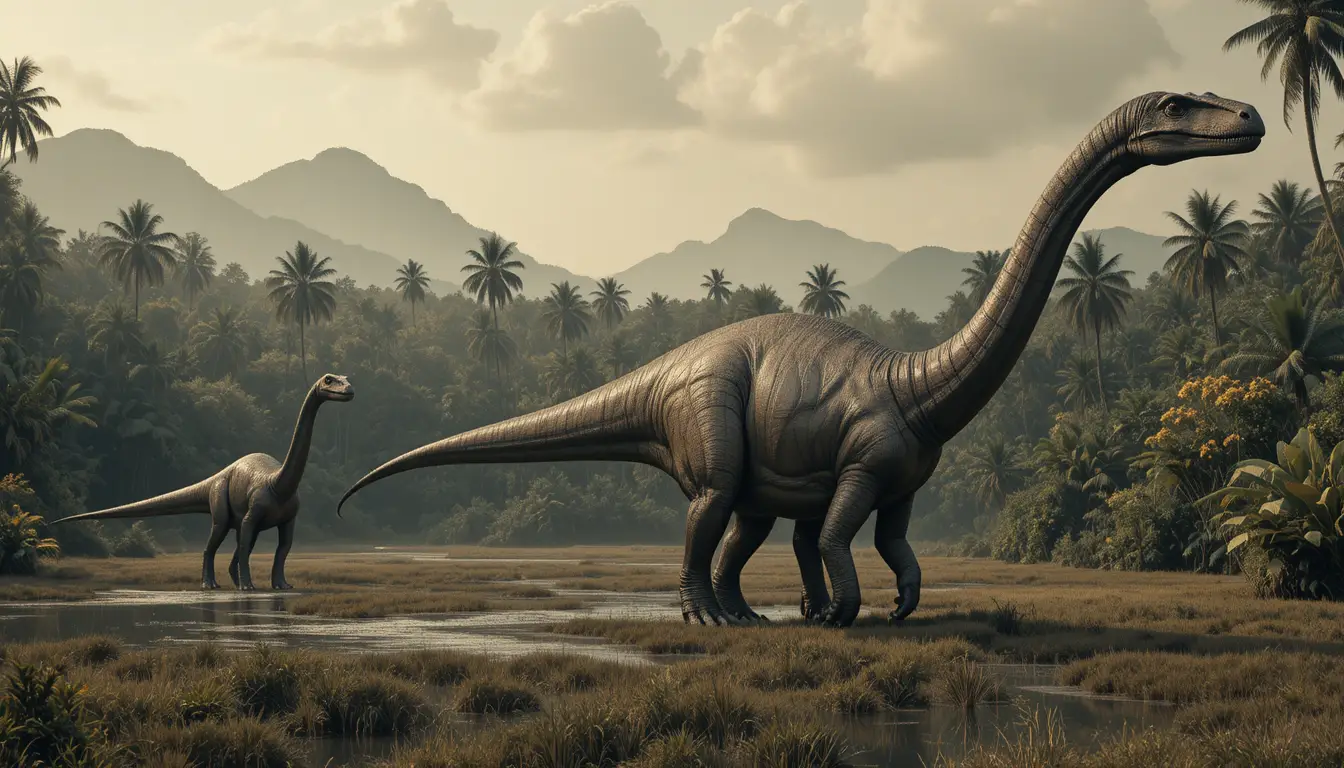 Two giant sauropod dinosaurs in a misty prehistoric jungle