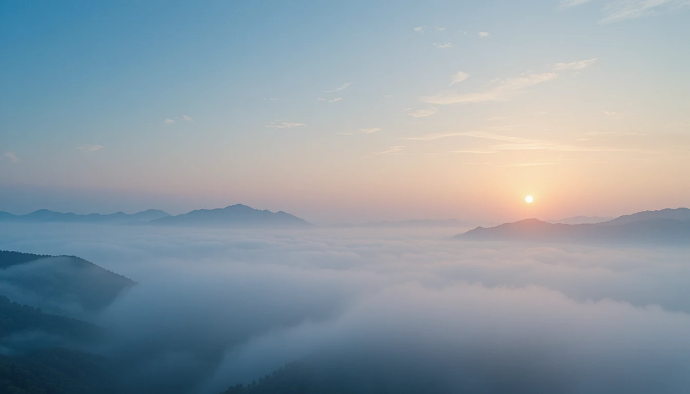 Soft sunrise fog drifting over a calm mountain valley