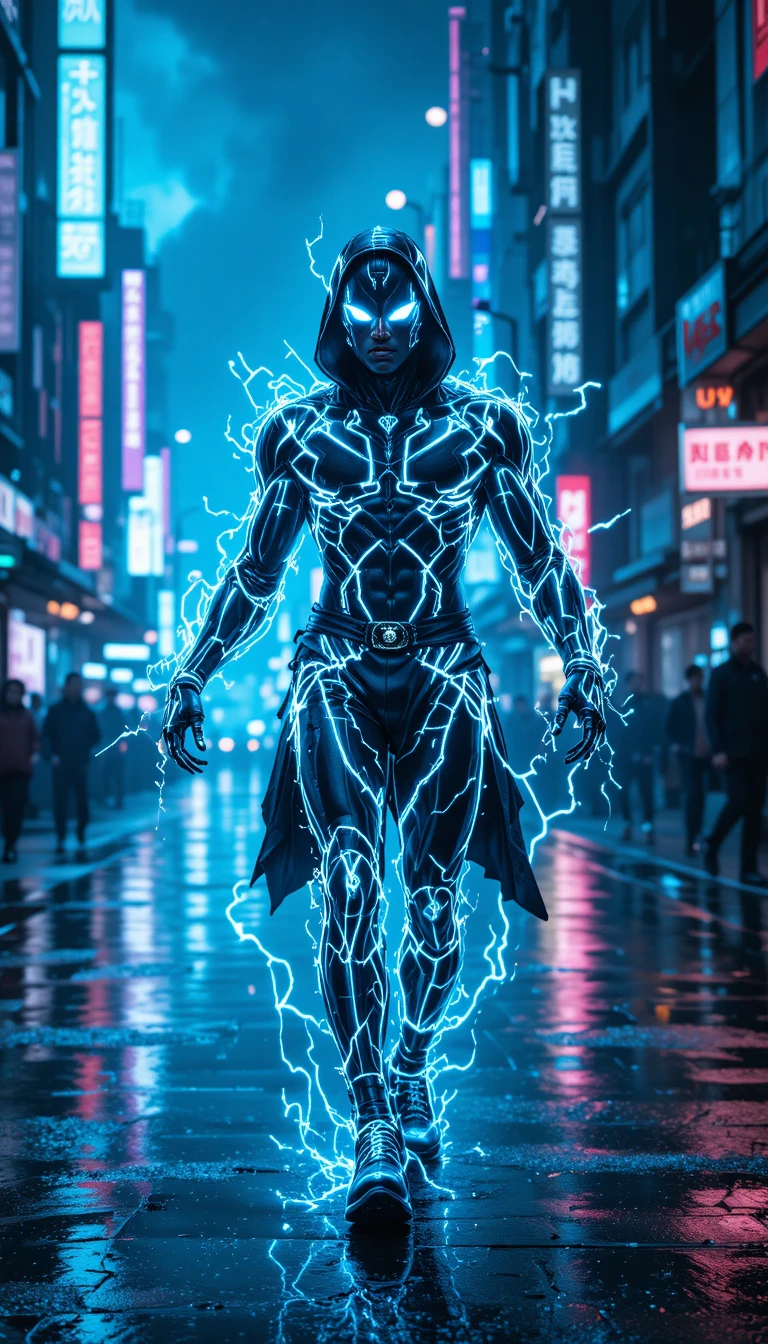 Futuristic cyber goddess dancing with glowing neon energy