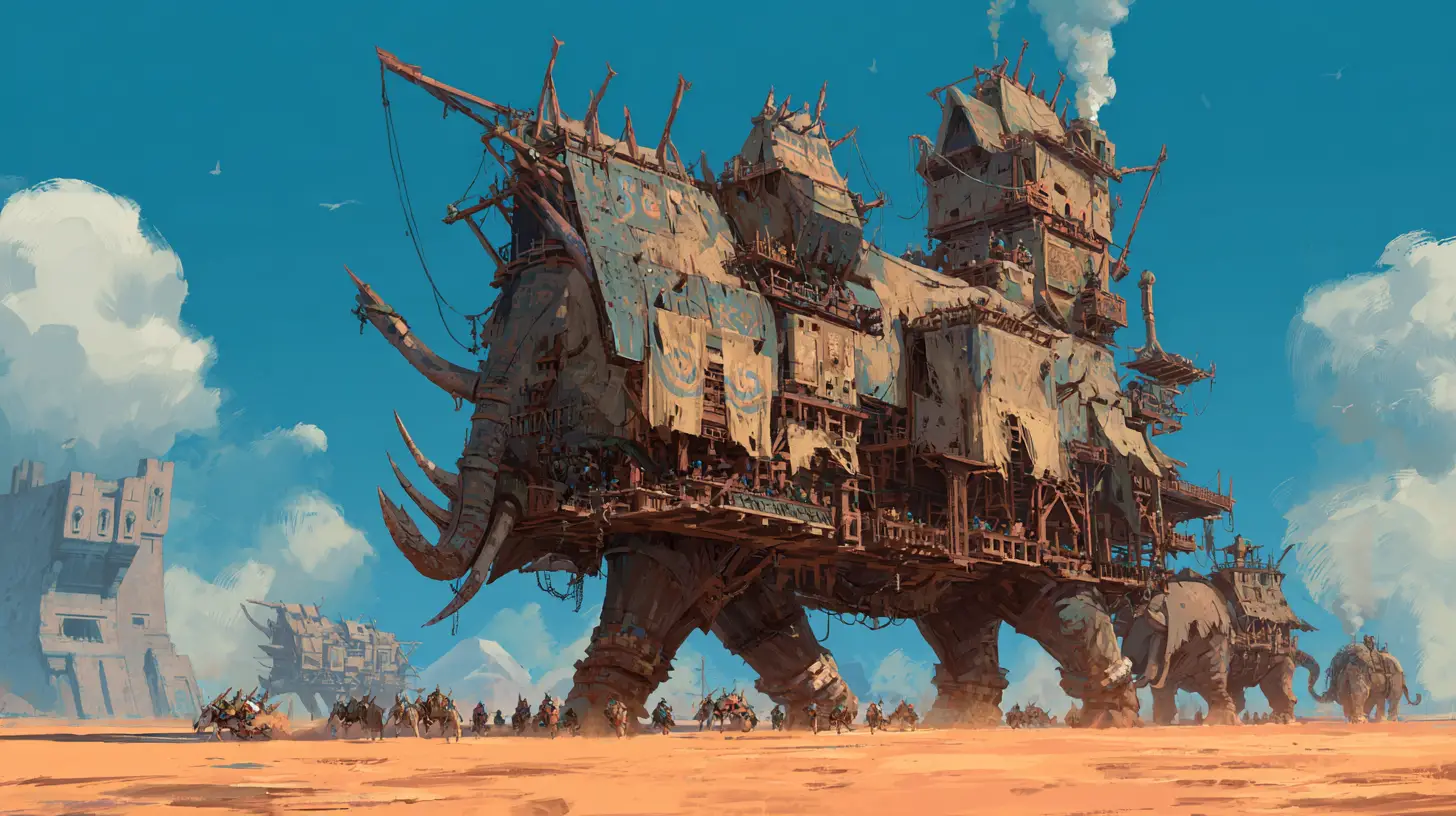 Nomadic caravan city crossing an alien desert under twin moons