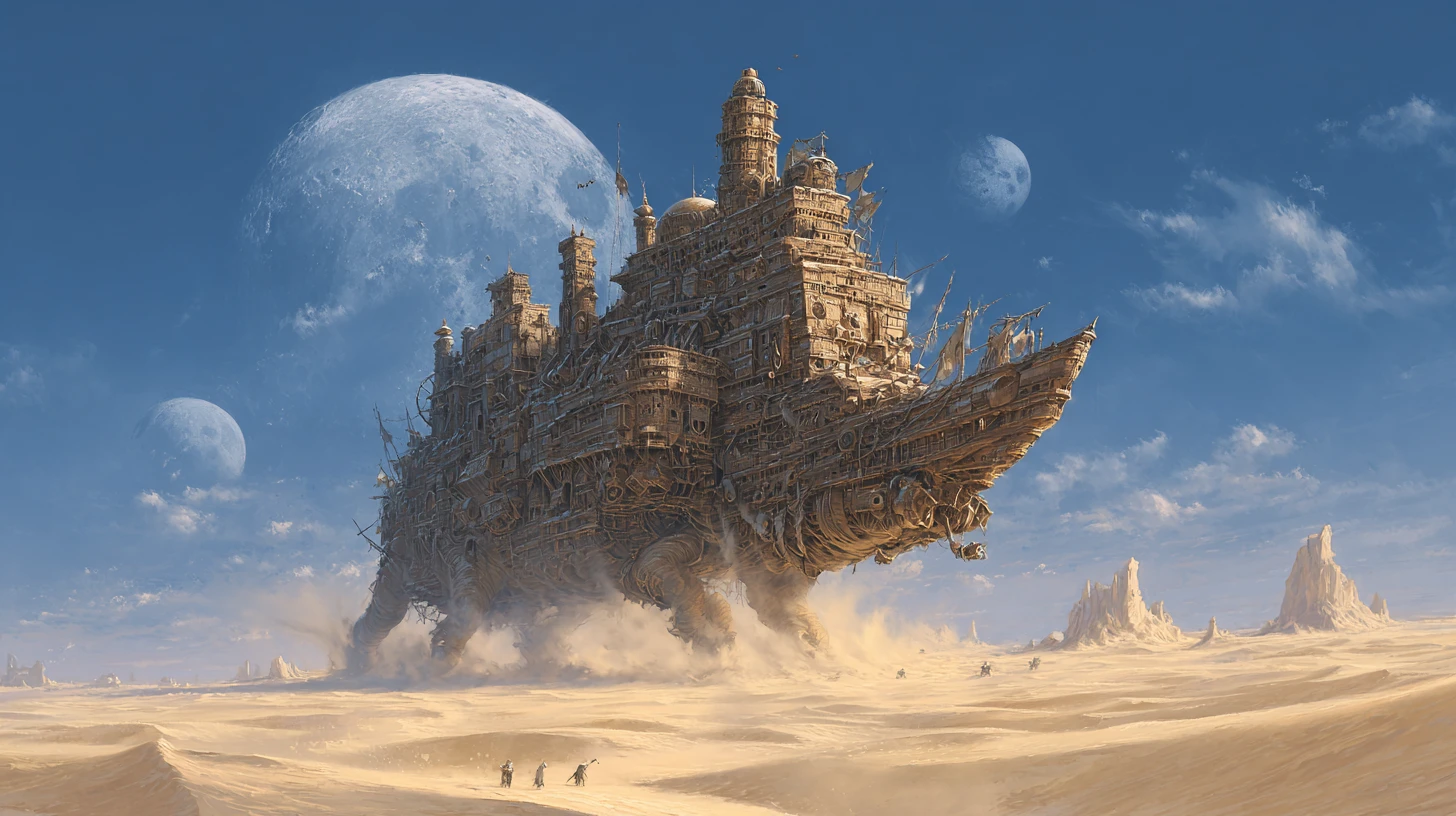 Nomadic caravan city on ancient beasts crossing alien desert