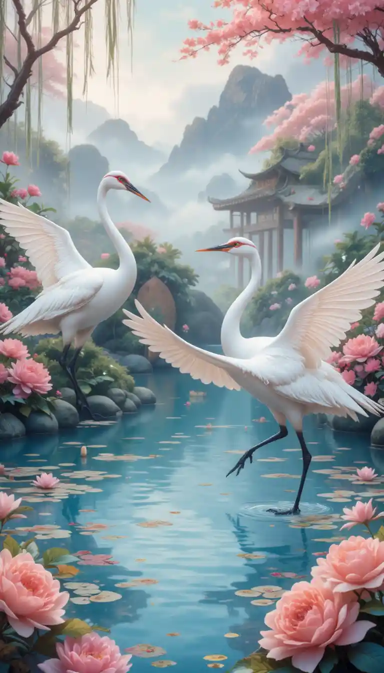 Serene Japanese princess in silk kimono by a blue pond