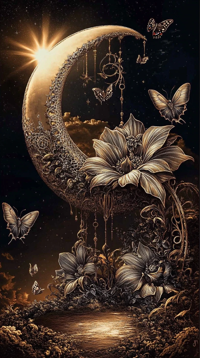Moonlit gothic flowers blooming in a mysterious night garden