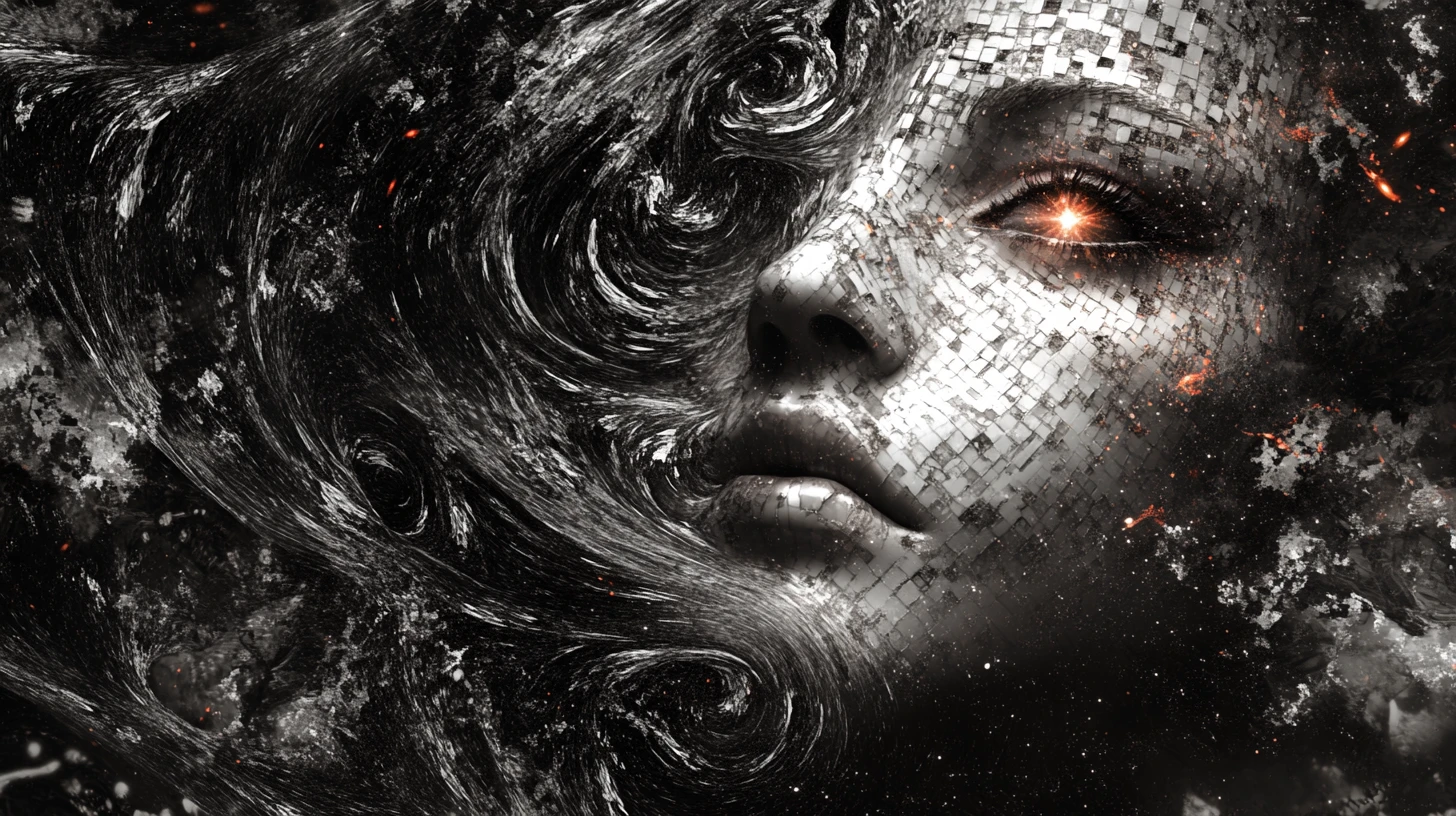 Woman dissolving into dust with swirling cosmic forms