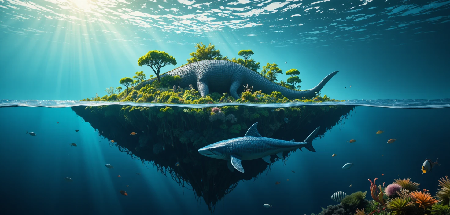 Massive marine reptile gliding through sunlit deep ocean