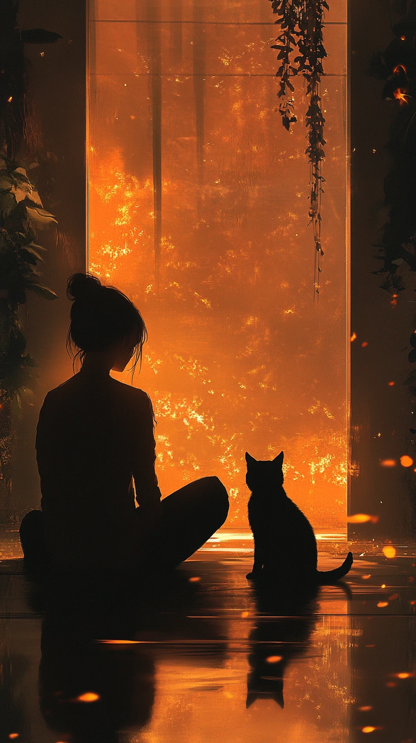 Girl and black cat in glowing smoky interior