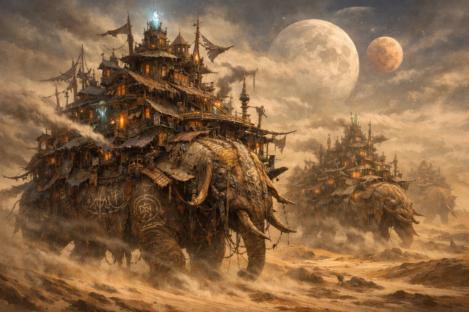 Nomadic caravan city on colossal beasts crossing alien dunes