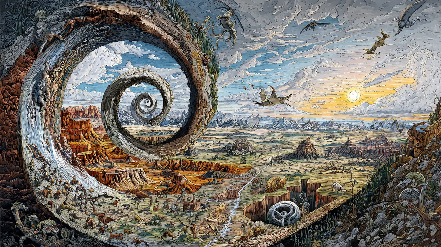 Colorful spiral diagram of geologic time and evolving earth life