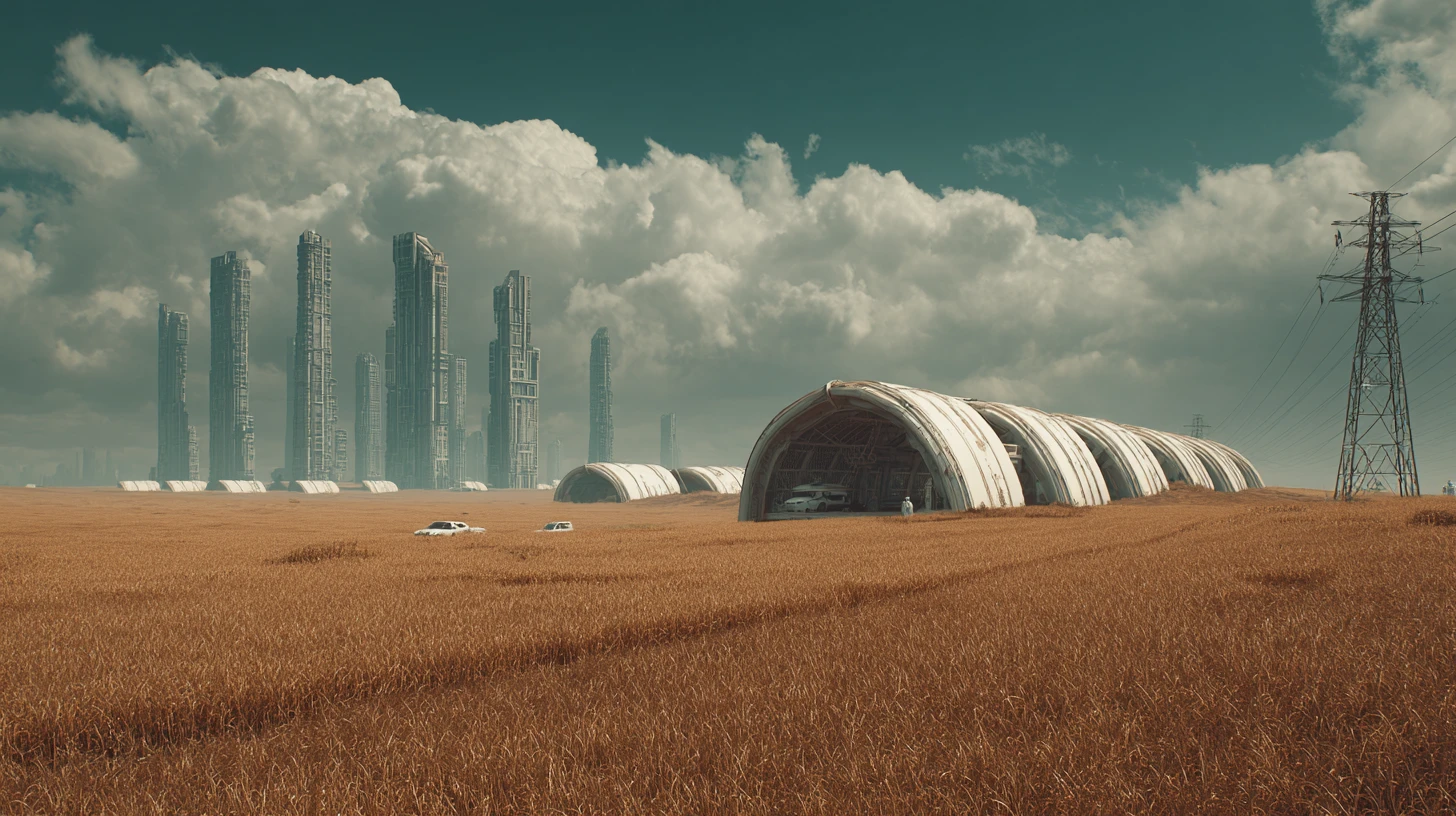 Invernadero futurista y apocalíptico en interior de páramo industrial