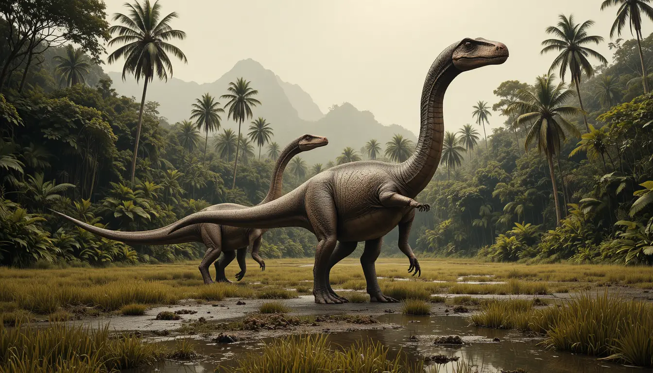 Two giant sauropod dinosaurs roam a misty prehistoric jungle