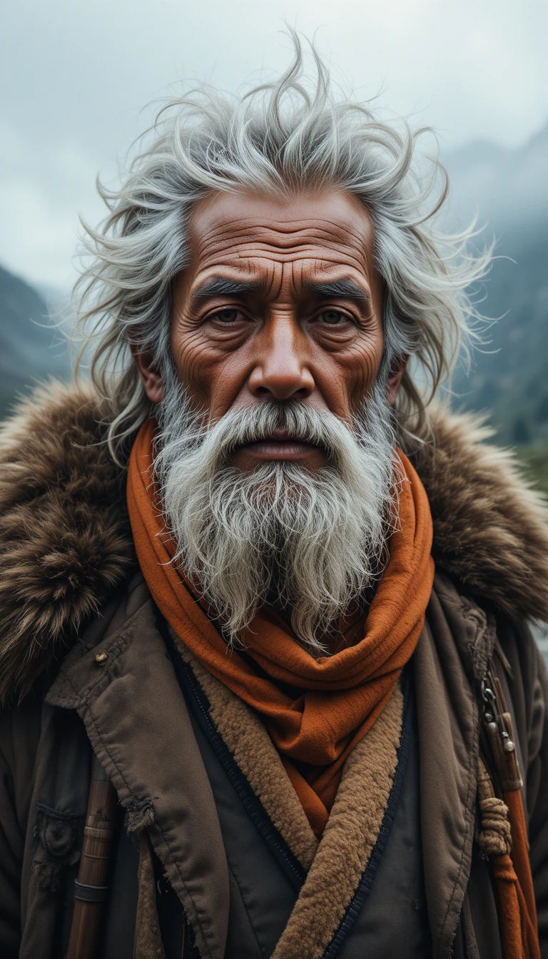 A weathered tibetan elder before misty mountain peaks