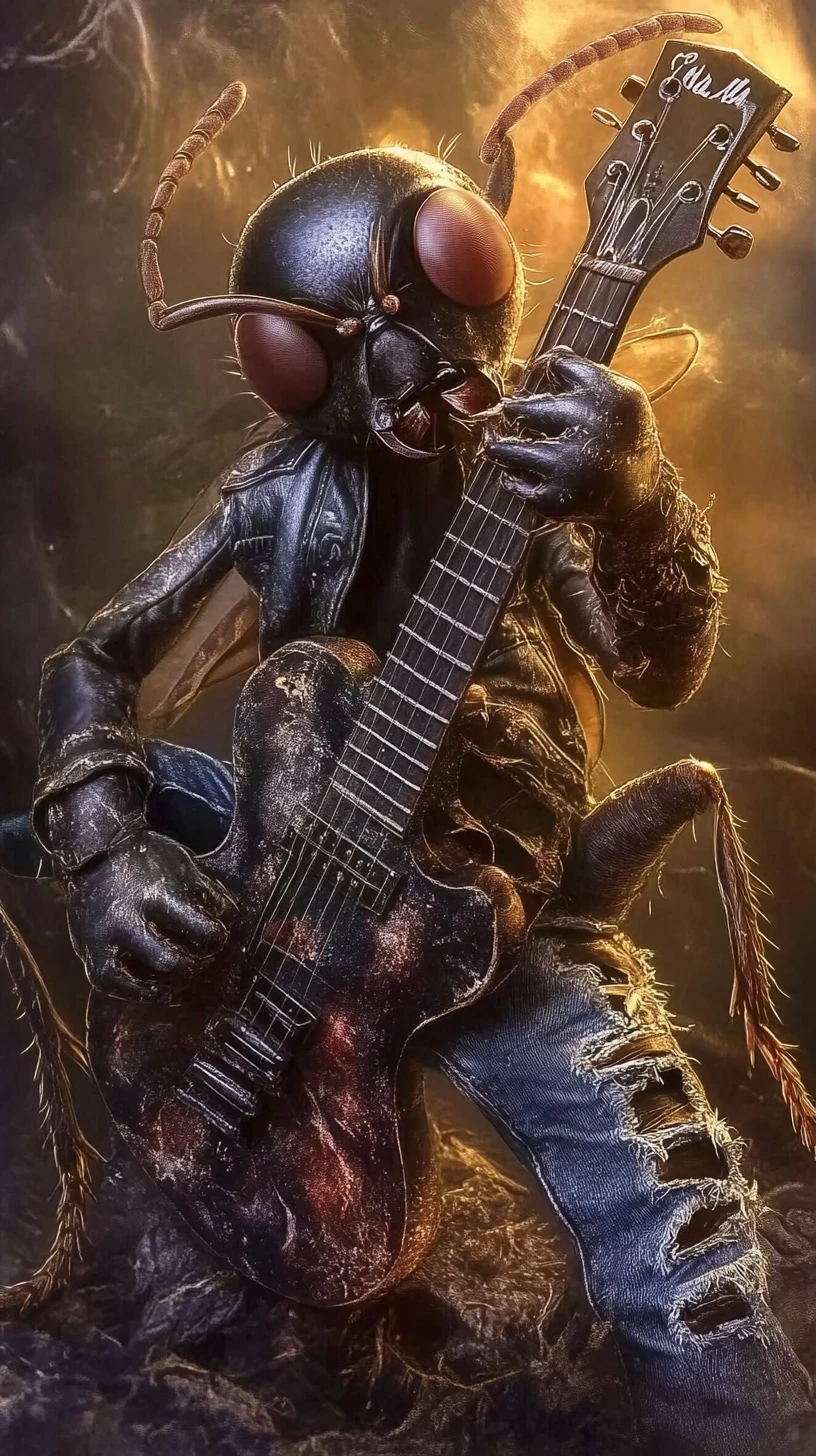Tiny confident ant rock performer with leather and denim
