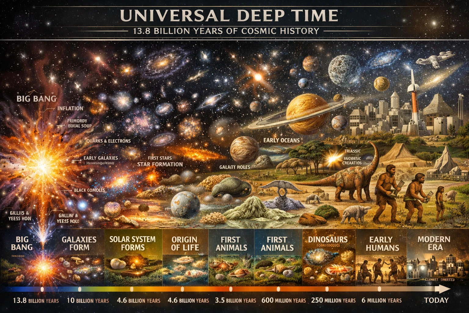 Cosmic deep time timeline from universe birth to modern Earth