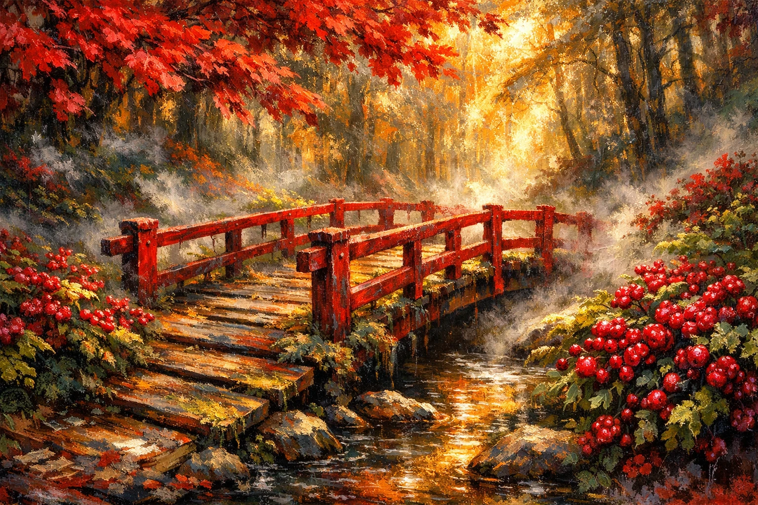 Golden forest bridge over a tranquil misty stream