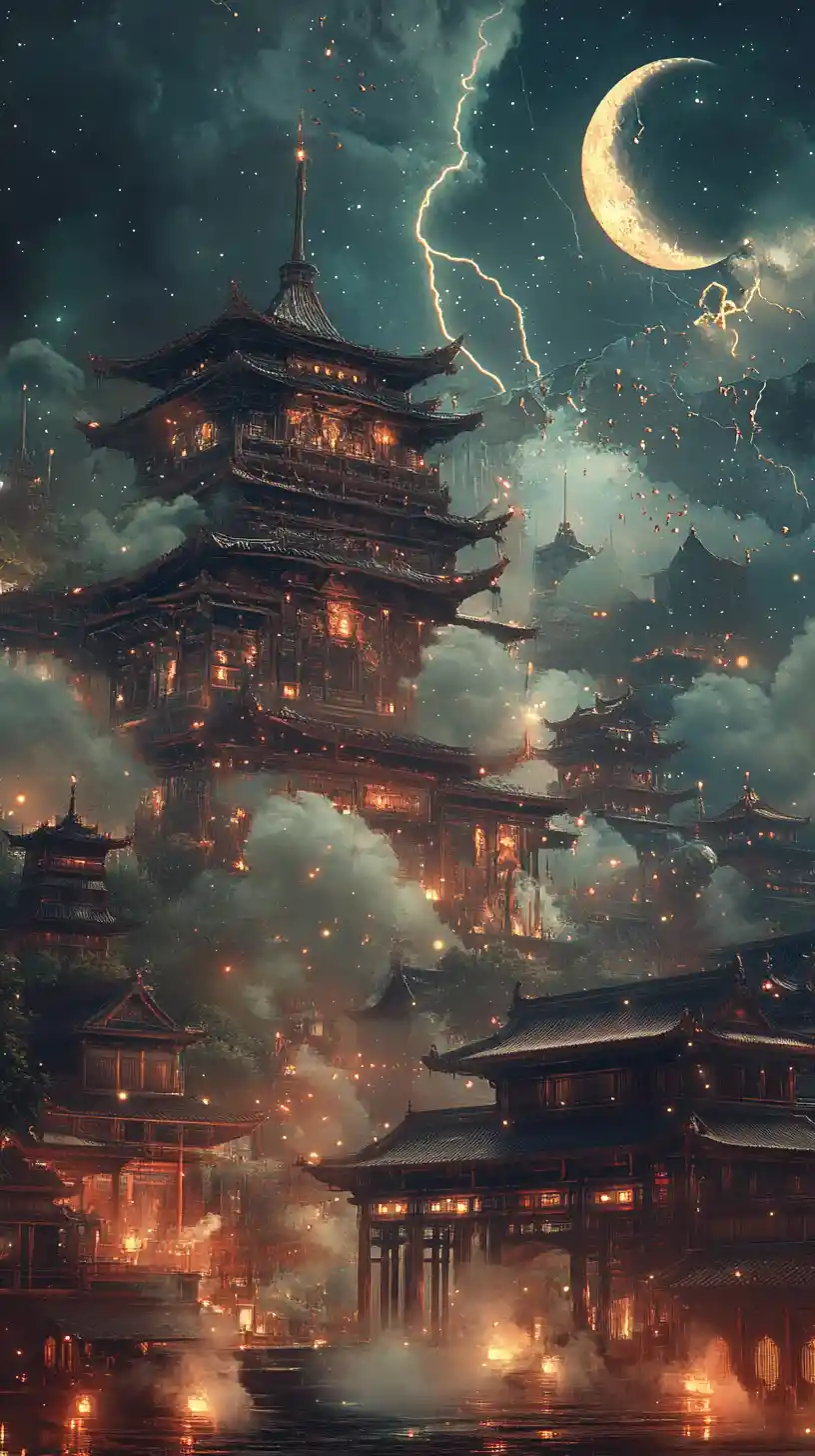 Celestial Asian Palaces Of Cloud Under Crescent Moons