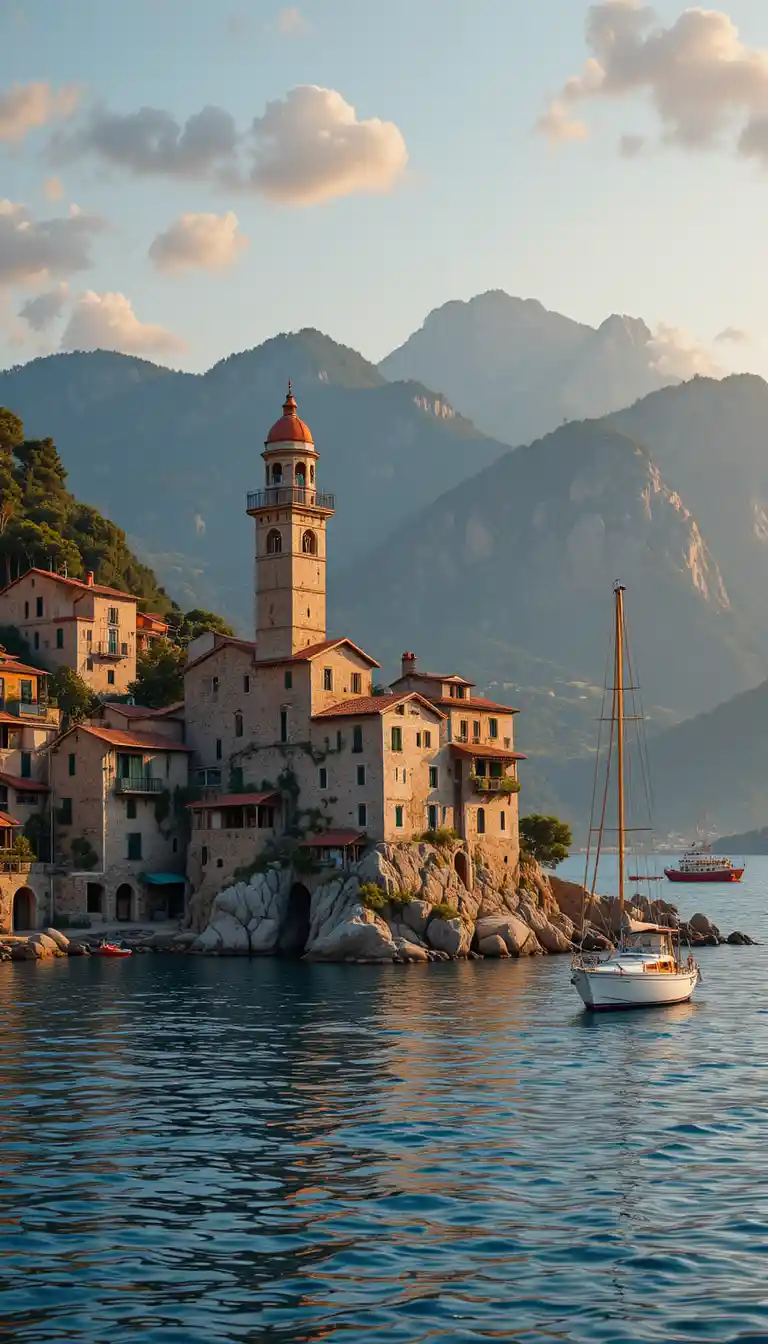 Mediterranean village with lighthouse at sunset by the sea