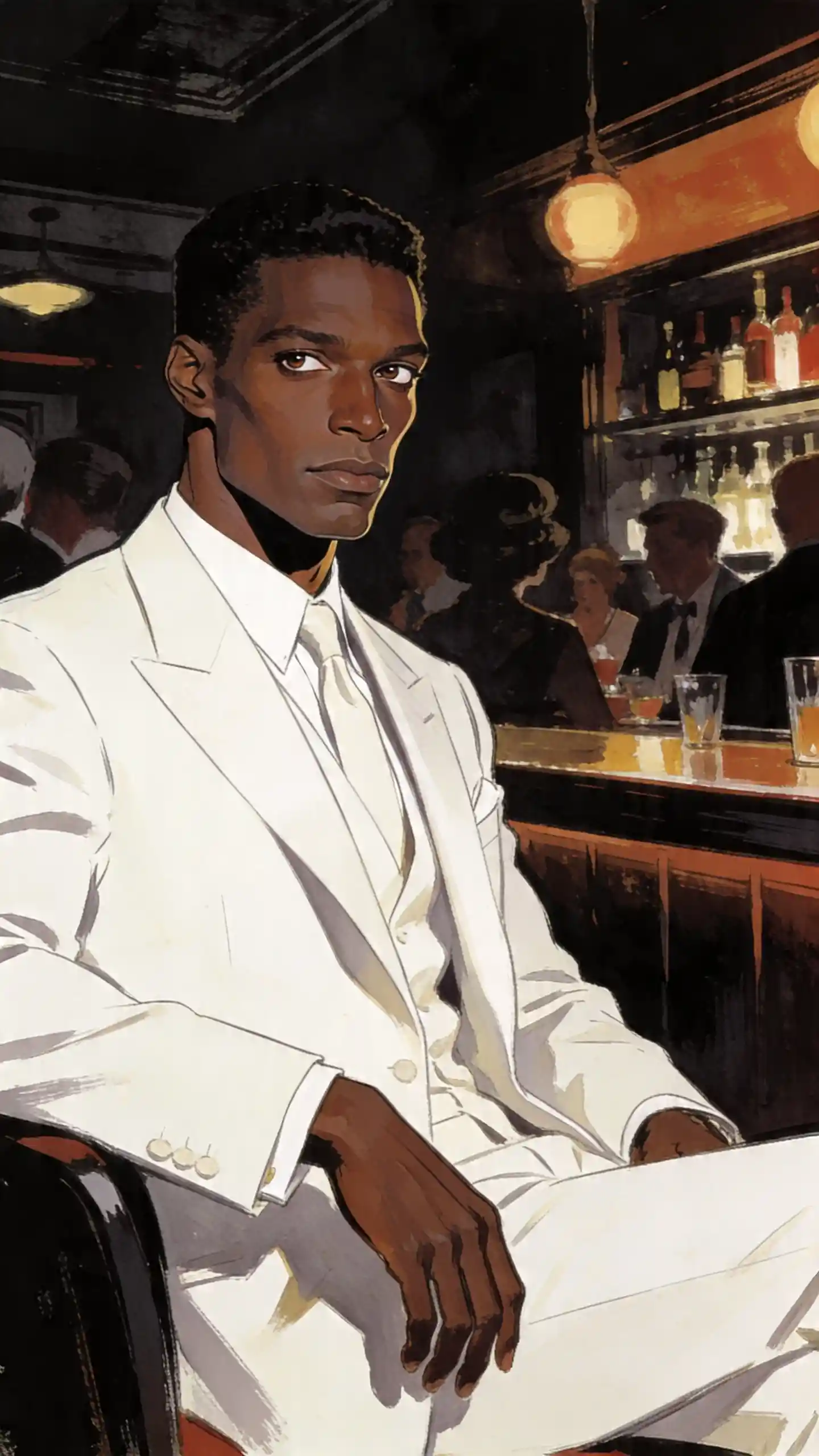 Black man in white suit at a noir style bar