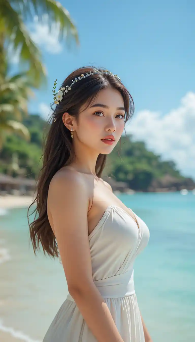 Mulher elegante em uma tranquila praia tropical
