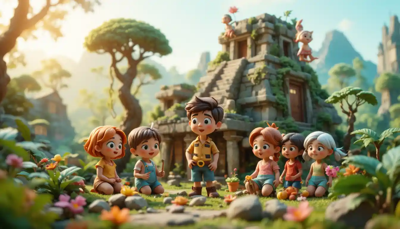 Pixar style clay children playing in a summer forest