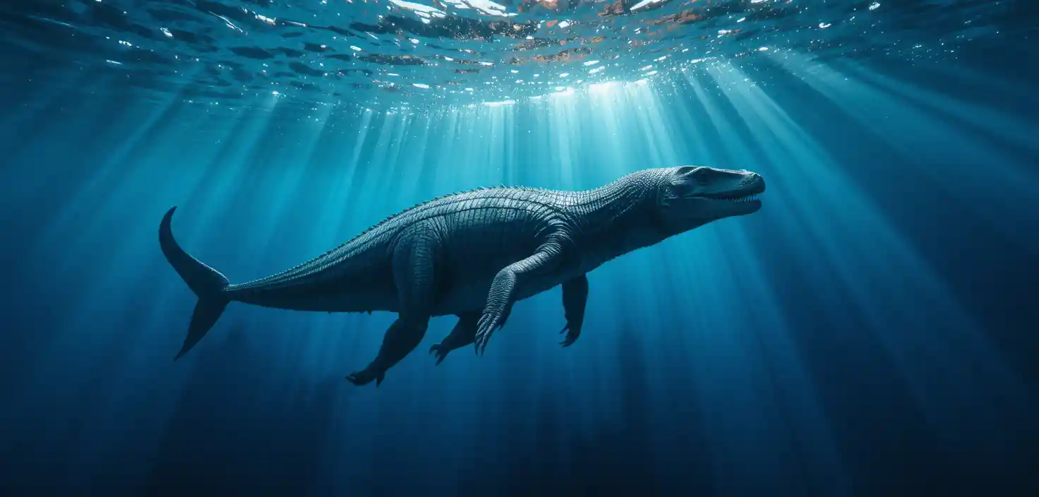 在深藍海洋中滑行的巨大海生爬行動物