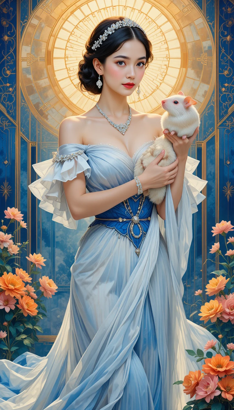 Elegant woman in art deco gown holding guinea pig