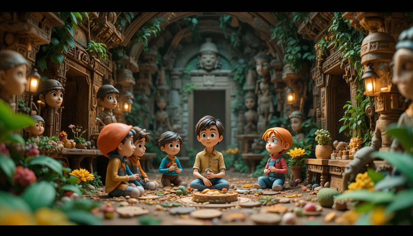 Playful children exploring a fantasy Mayan temple scene