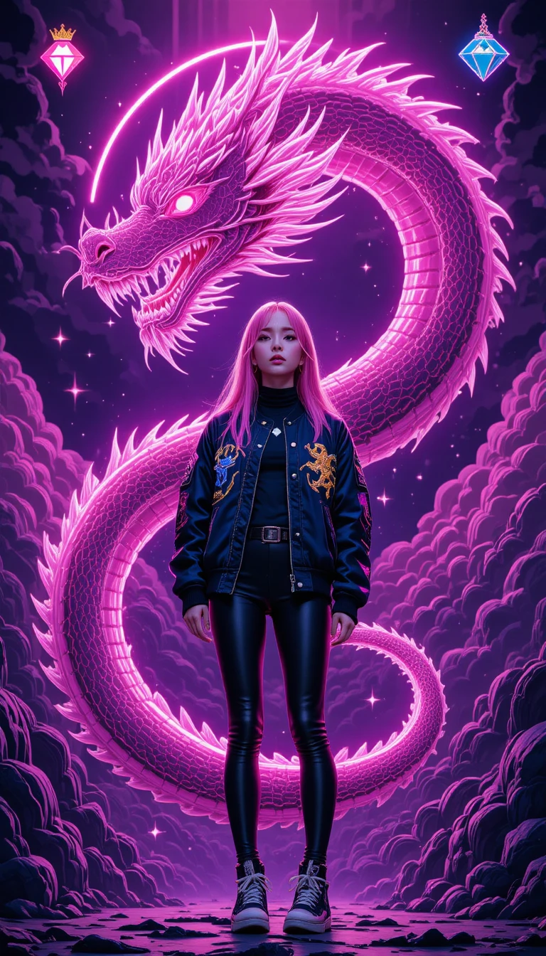 Pink haired idol facing a glowing serpentine dragon
