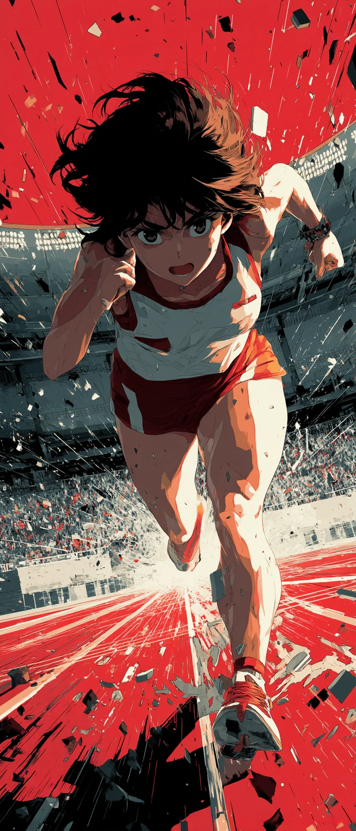 Velocista de anime cruzando la línea de meta en el estadio