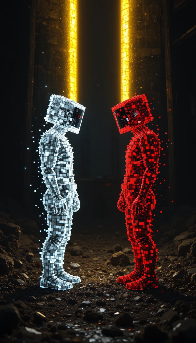 Two pixelated figures facing each other in glowing light