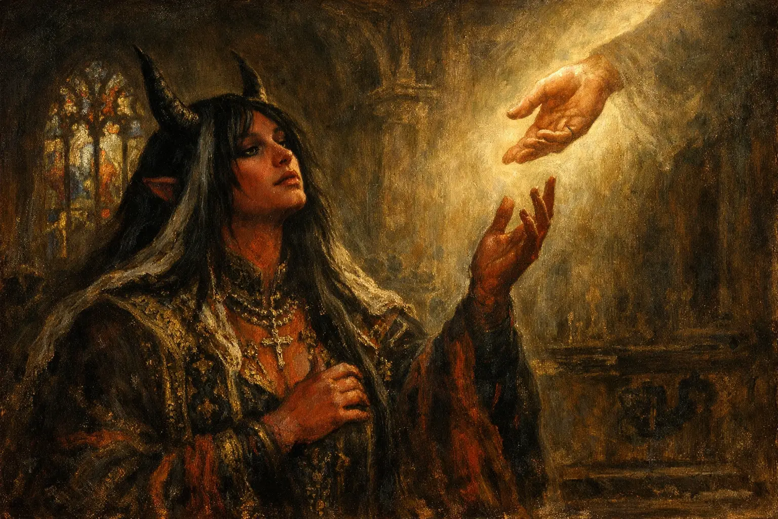 Demonic priestess in a shadowy chapel seeking redemption